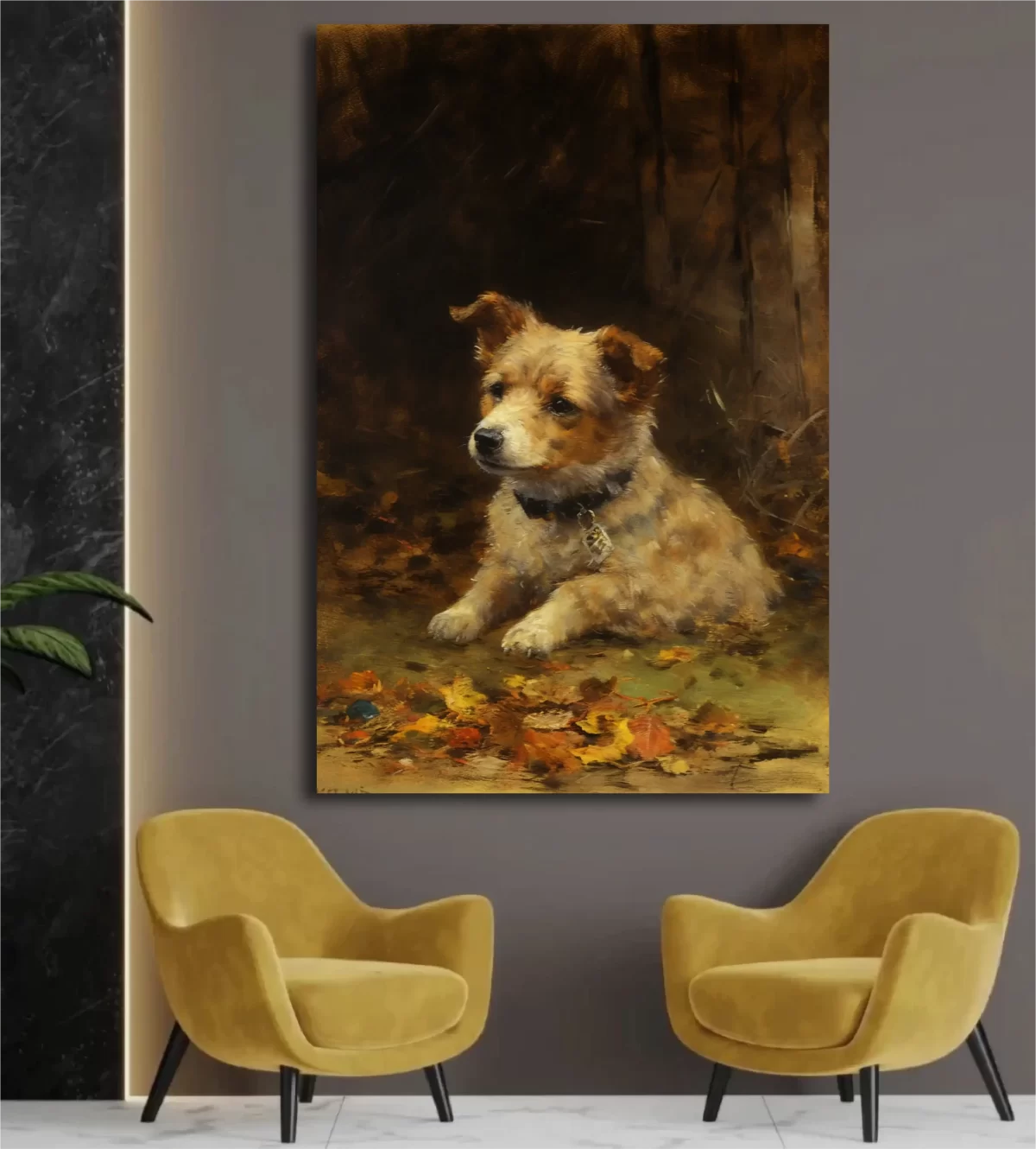 Black art of Goodwin Puppy on dark gray wall mockup