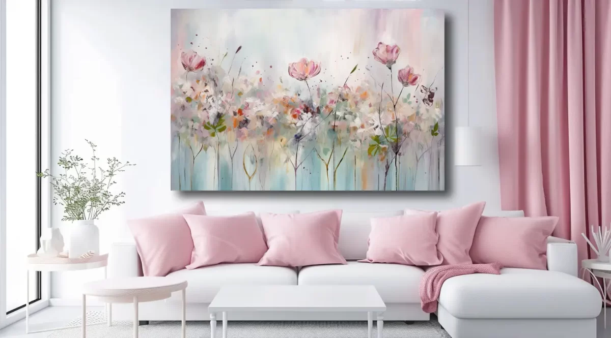 Black art of abstract flower with Soft Boho Color on sofa with pink pillow mockup