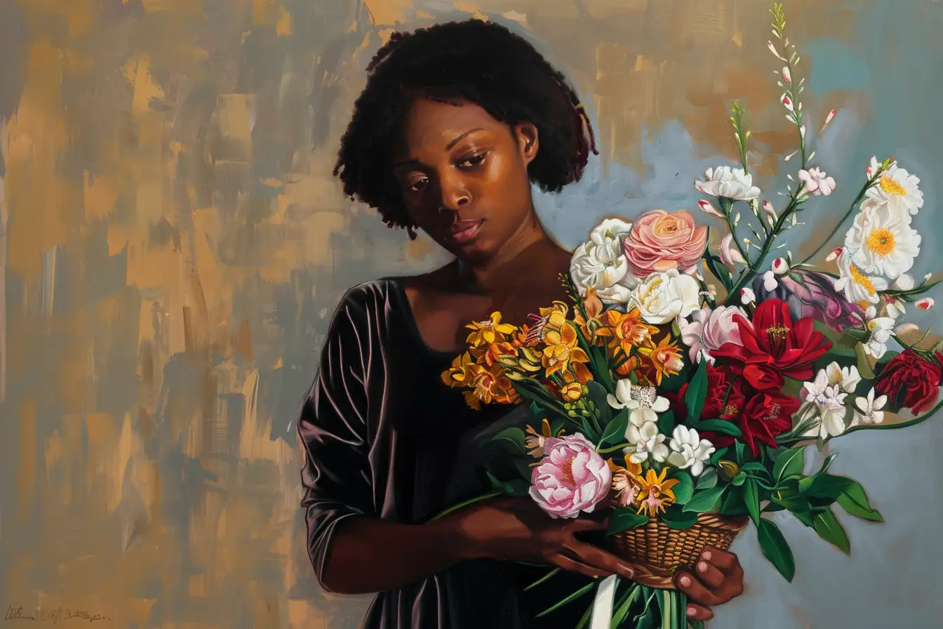 Black art of black woman holding bouquet of flowers