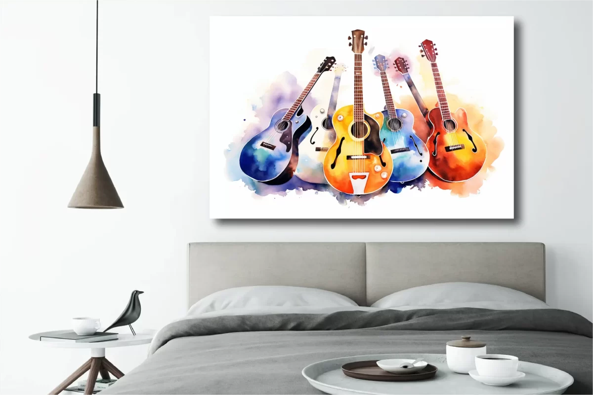 Black art of guitars watercolor art in bedroom