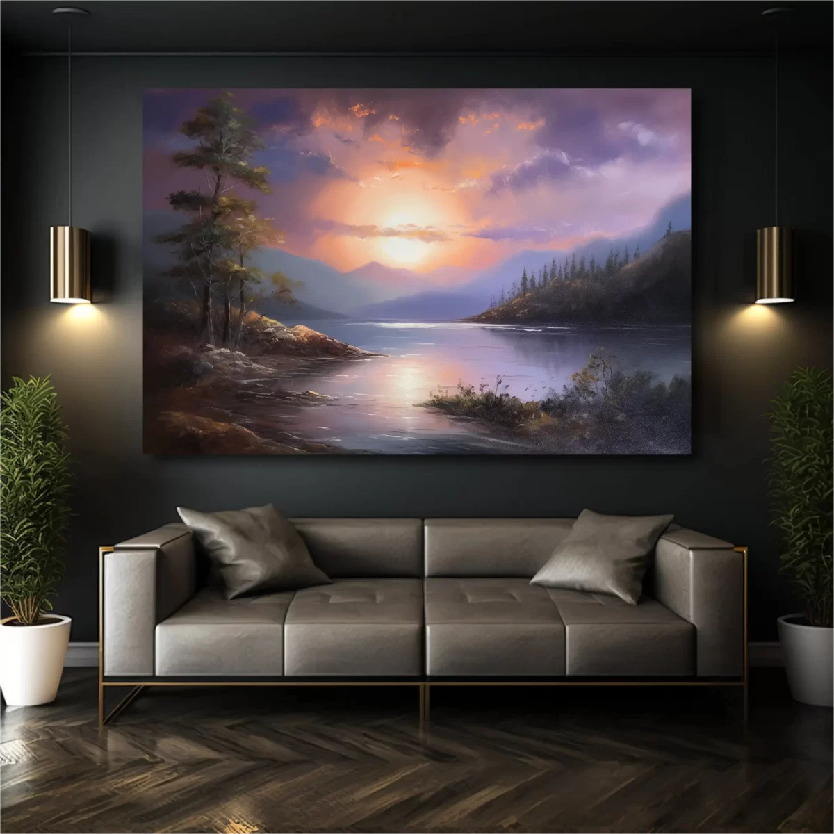 Black art of sunset lake on black wall mockup