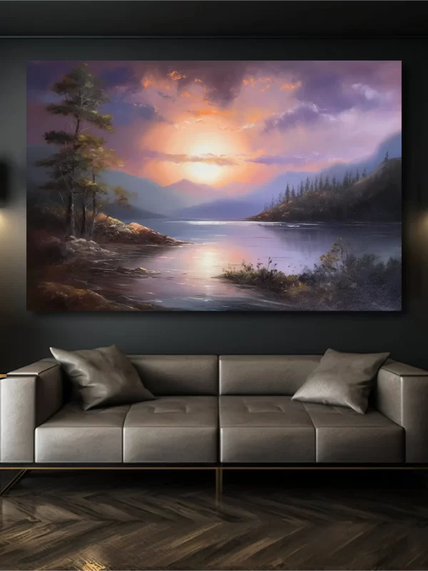 Black art of sunset lake on black wall mockup