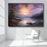 Black art of sunset lake on bright white wall mockup