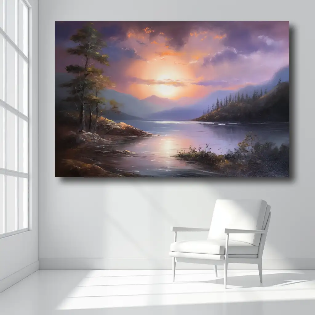 Black art of sunset lake on bright white wall mockup