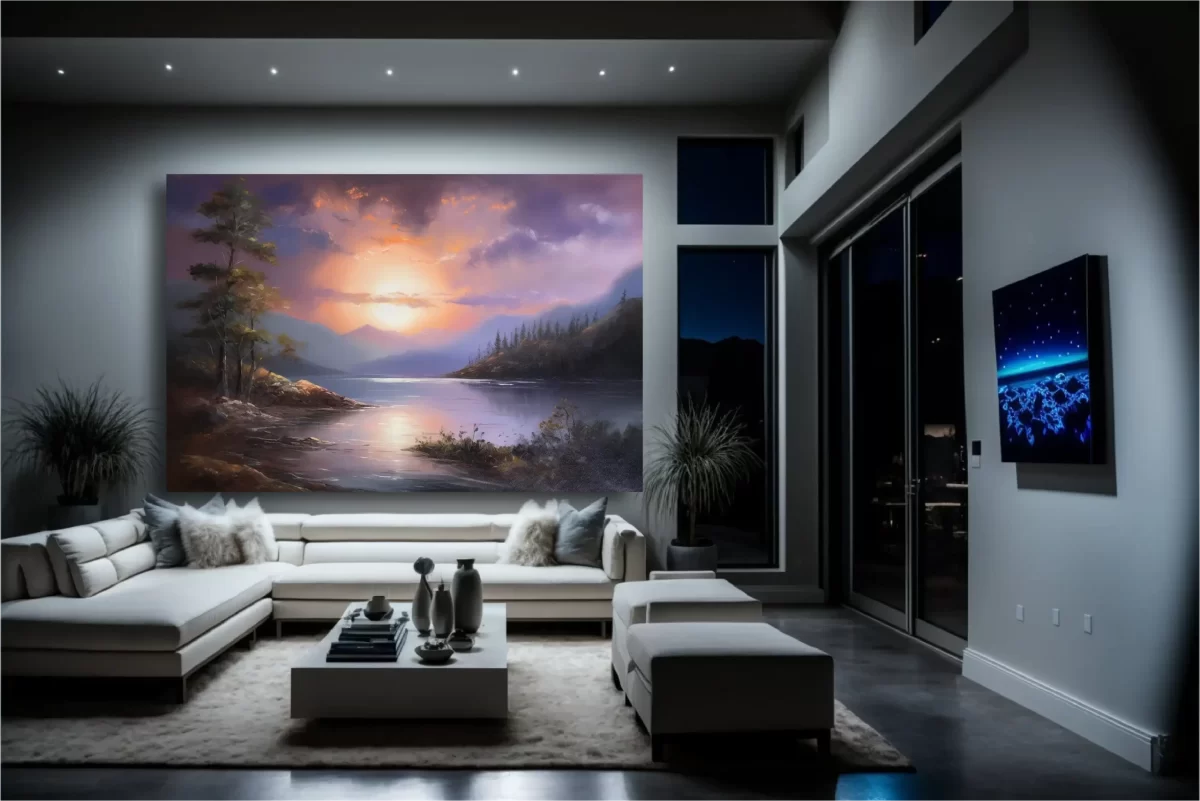 Black art of sunset lake on gray wall mockup