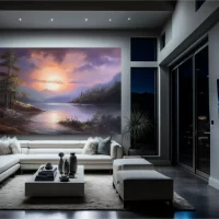 Black art of sunset lake on gray wall mockup