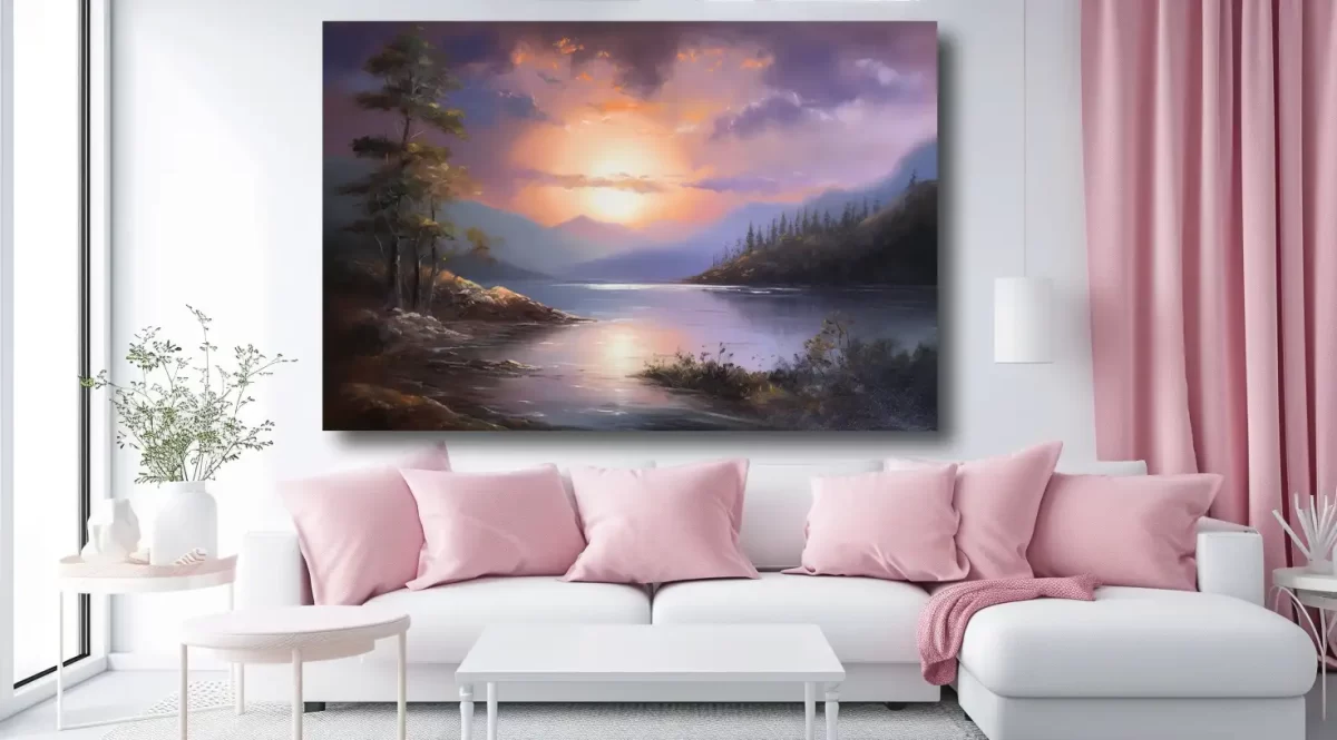 Black art of sunset lake on pink pillow mockup