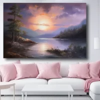 Black art of sunset lake on pink pillow mockup