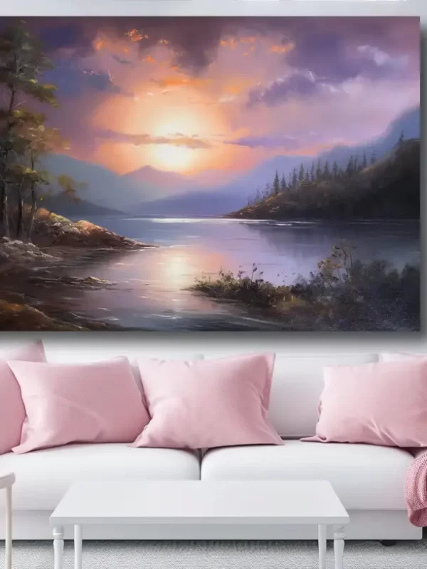 Black art of sunset lake on pink pillow mockup