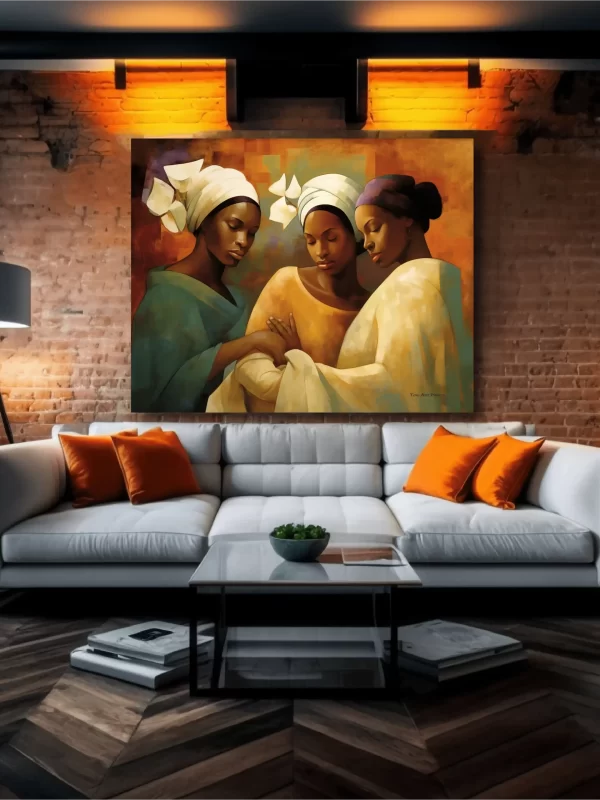 Black art of three black women embracing on brick wall mockup