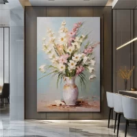 Black art of vase with gladioli on brown wall mockup