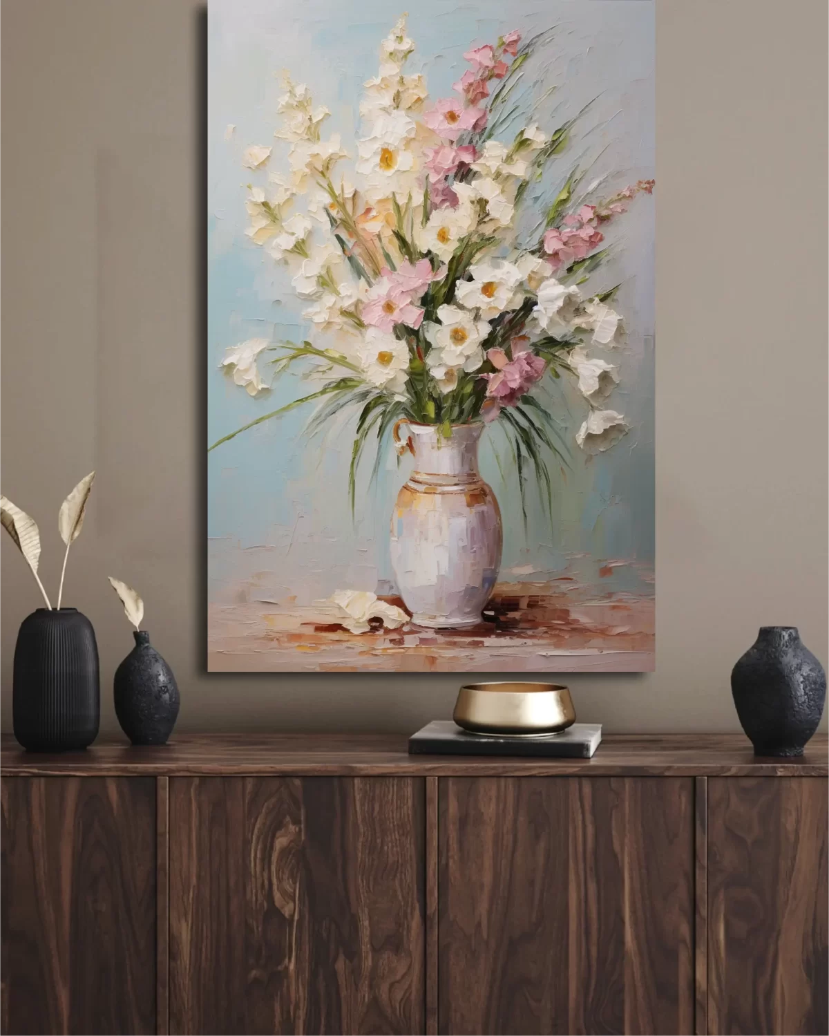 Black art of vase with gladioli on kitchen mockup