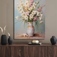 Black art of vase with gladioli on kitchen mockup