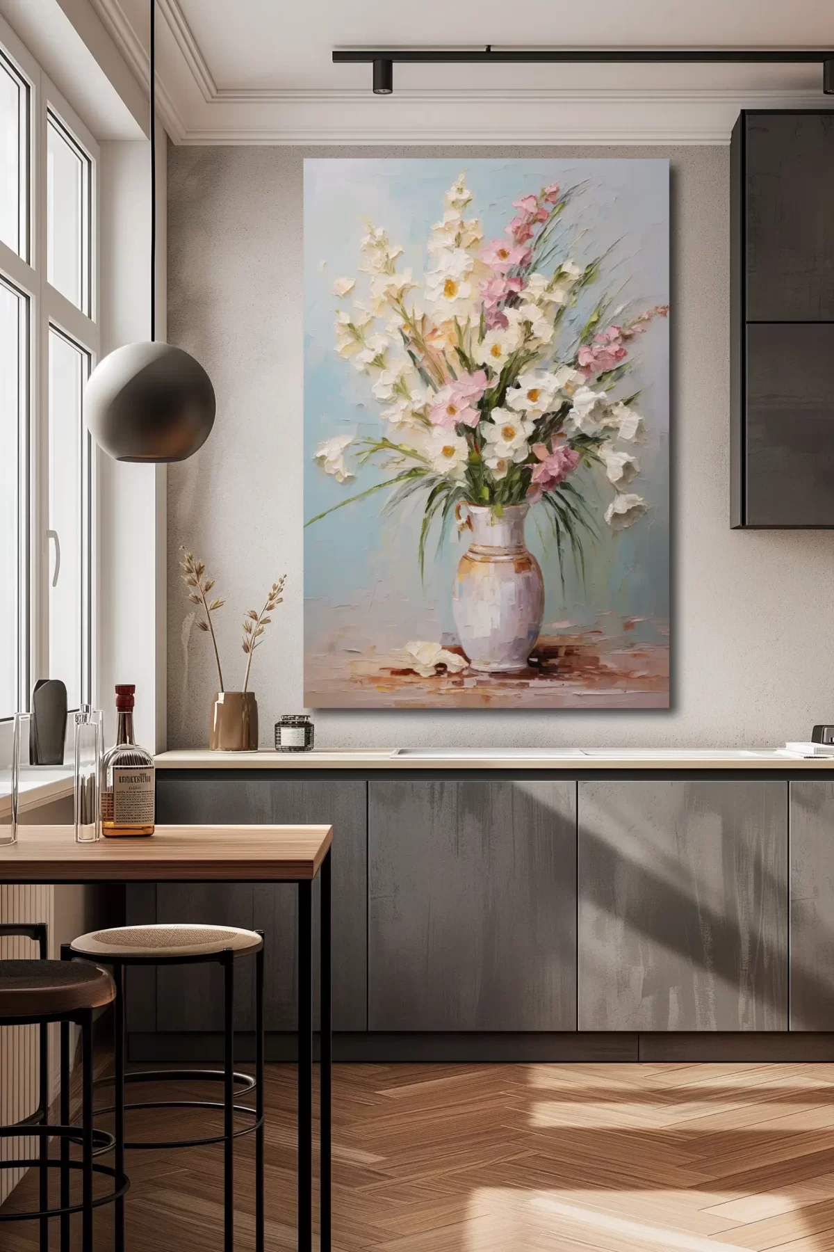 Black art of vase with gladioli on kitchen mockup