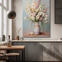 Black art of vase with gladioli on kitchen mockup