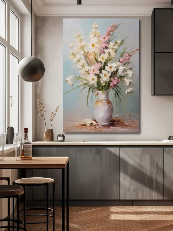 Black art of vase with gladioli on kitchen mockup