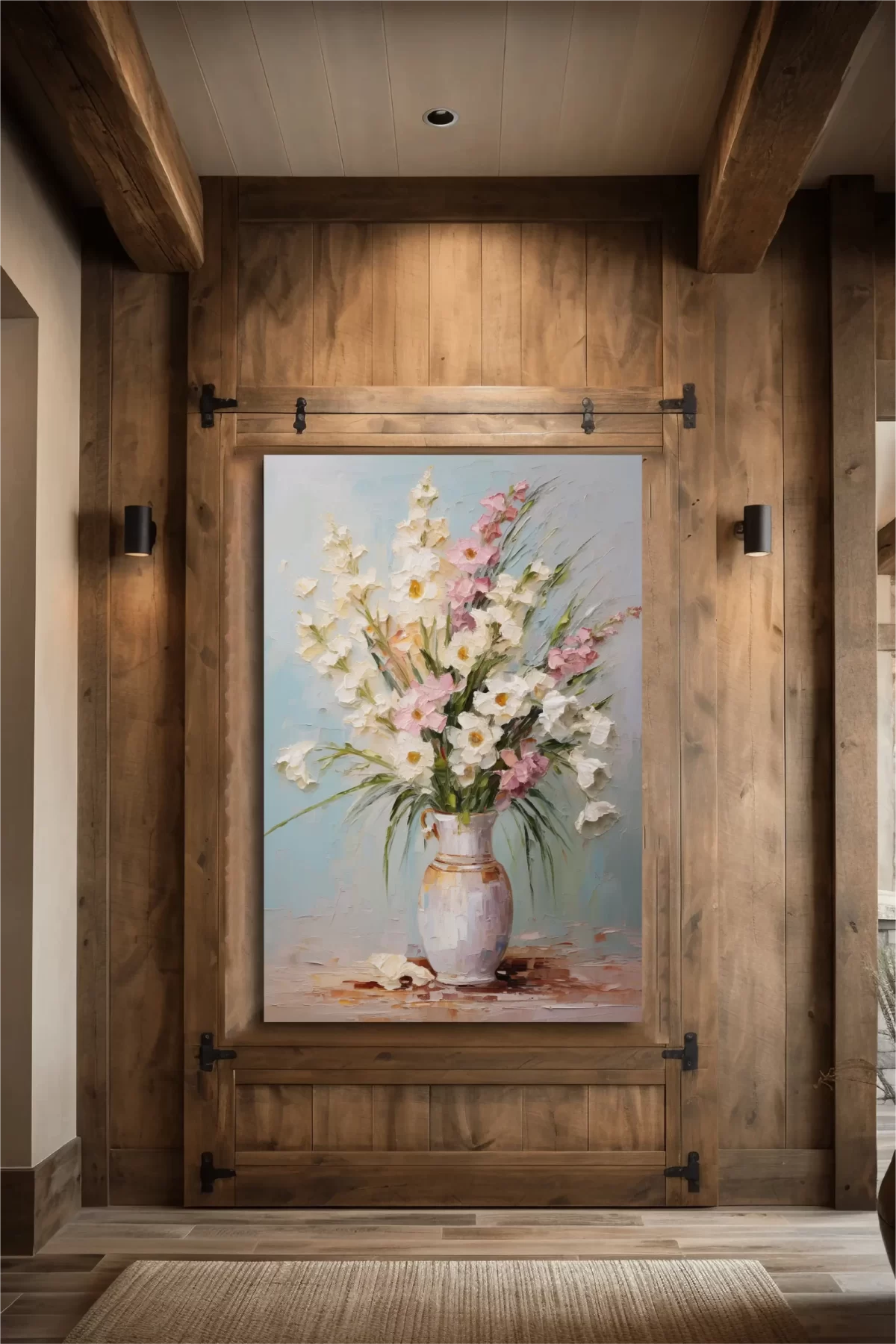 Black art of vase with gladioli on wooden wall mockup