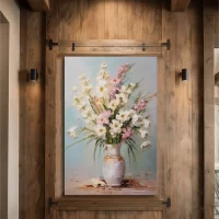 Black art of vase with gladioli on wooden wall mockup