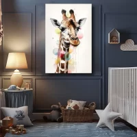 Black art of whimsical giraffe on blue wall mockup