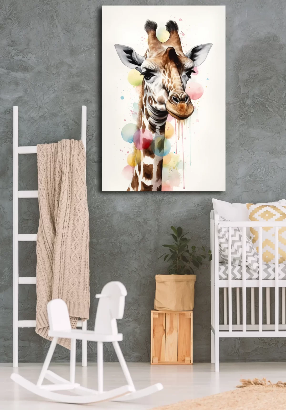 Black art of whimsical giraffe on gary wall mockup