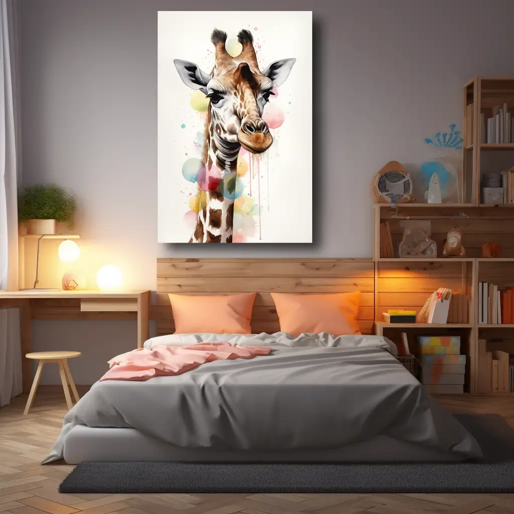 Black art of whimsical giraffe with bedroom mockup