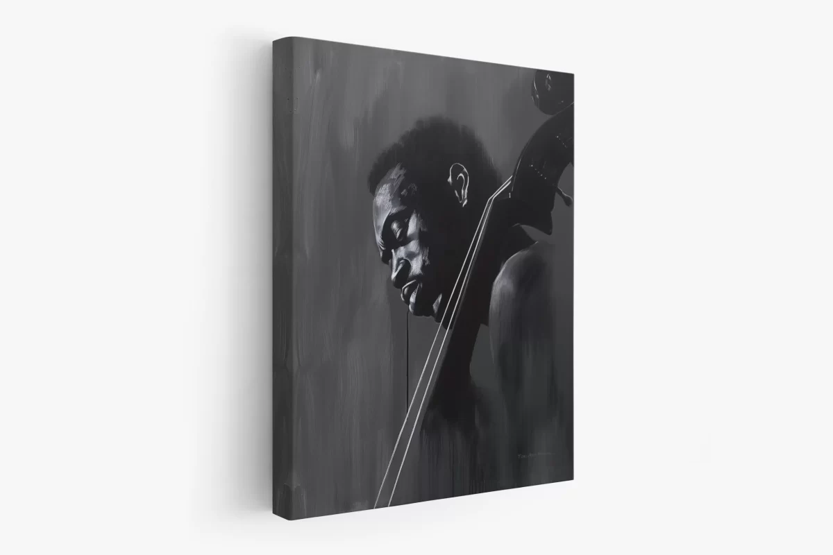 Black artwork of a black man holding a cello - mockup 2