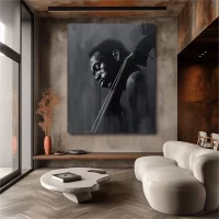 Black artwork of a black man holding a cello on a beige wall mockup