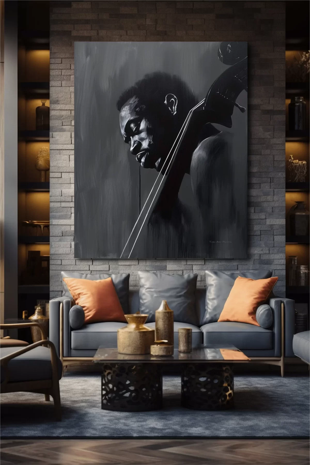 Black artwork of a black man holding a cello on a brick wall mockup