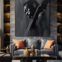 Black artwork of a black man holding a cello on a brick wall mockup