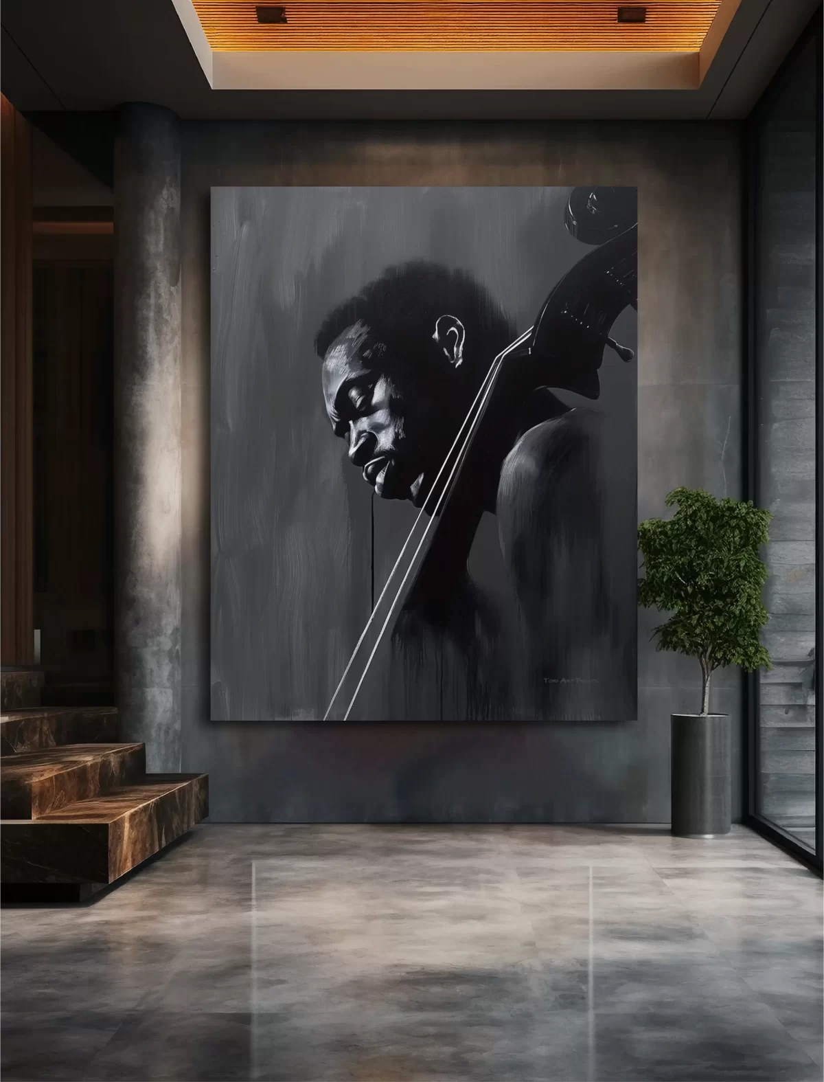 Black artwork of a black man holding a cello on a gray wall mockup