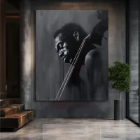 Black artwork of a black man holding a cello on a gray wall mockup