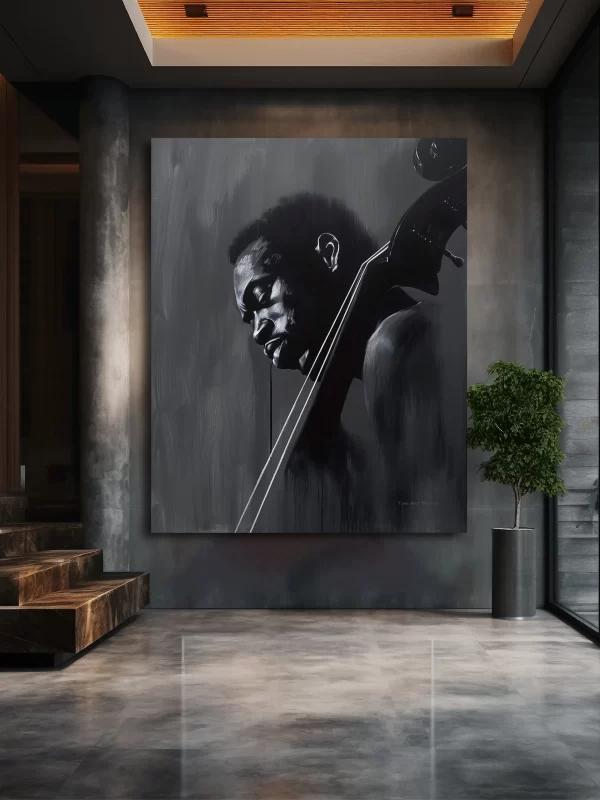 Black artwork of a black man holding a cello on a gray wall mockup