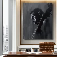 Black artwork of a black man holding a cello on an office mockup