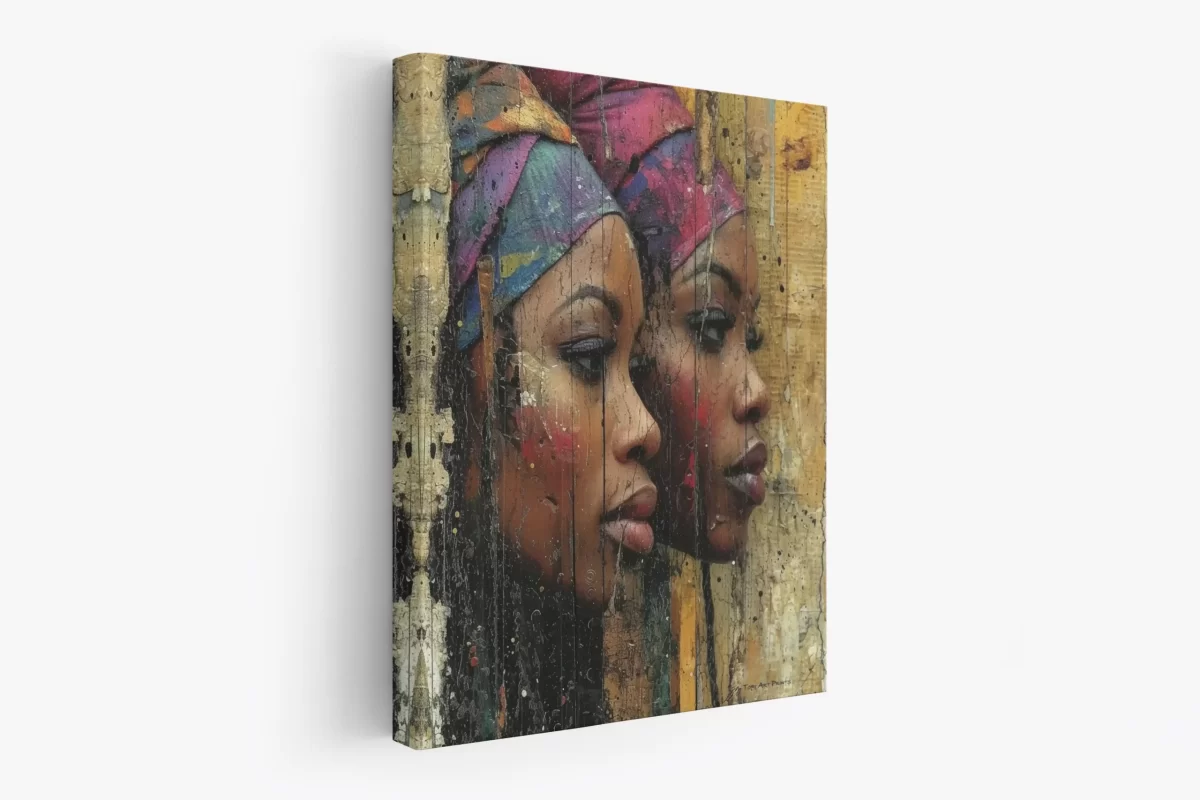 Black artwork of two african women looking pensive - mockup 2