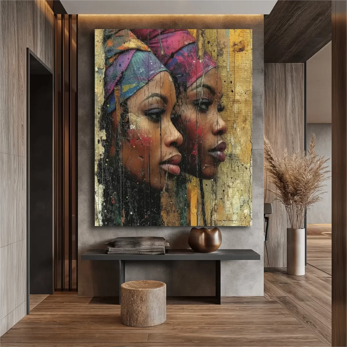 Black artwork of two african women looking pensive with beige wall mockup