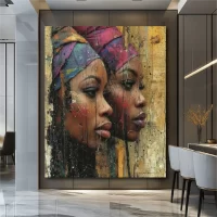 Black artwork of two african women looking pensive with brown wall mockup