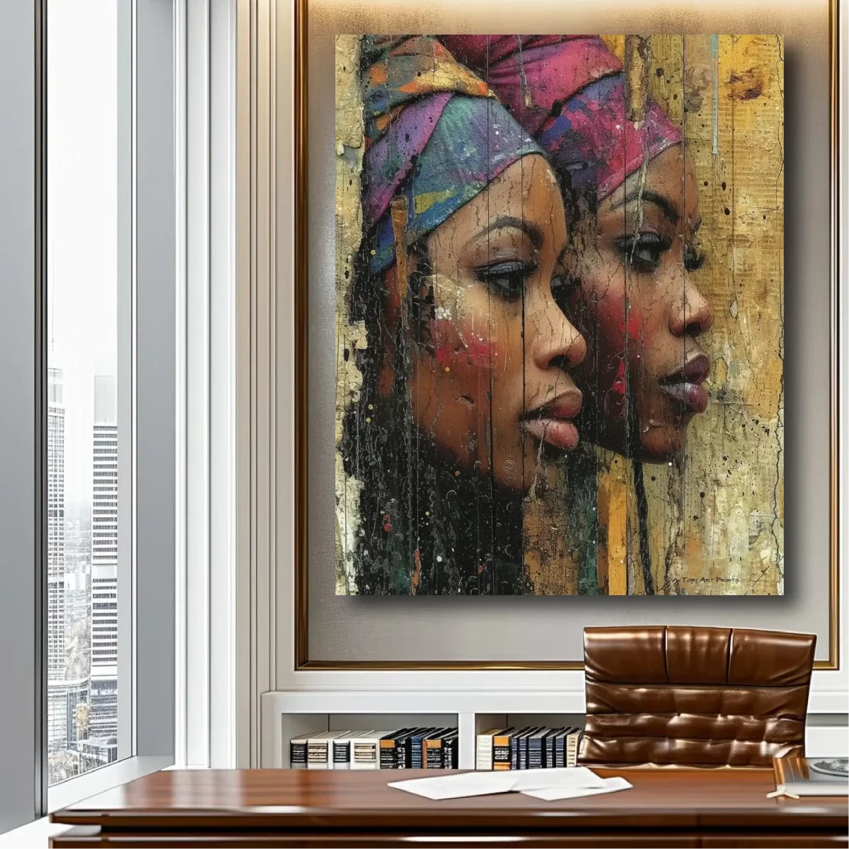 Black artwork of two african women looking pensive with two red chair mockup