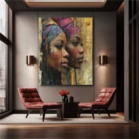 Black artwork of two african women looking pensive with two red chair mockup