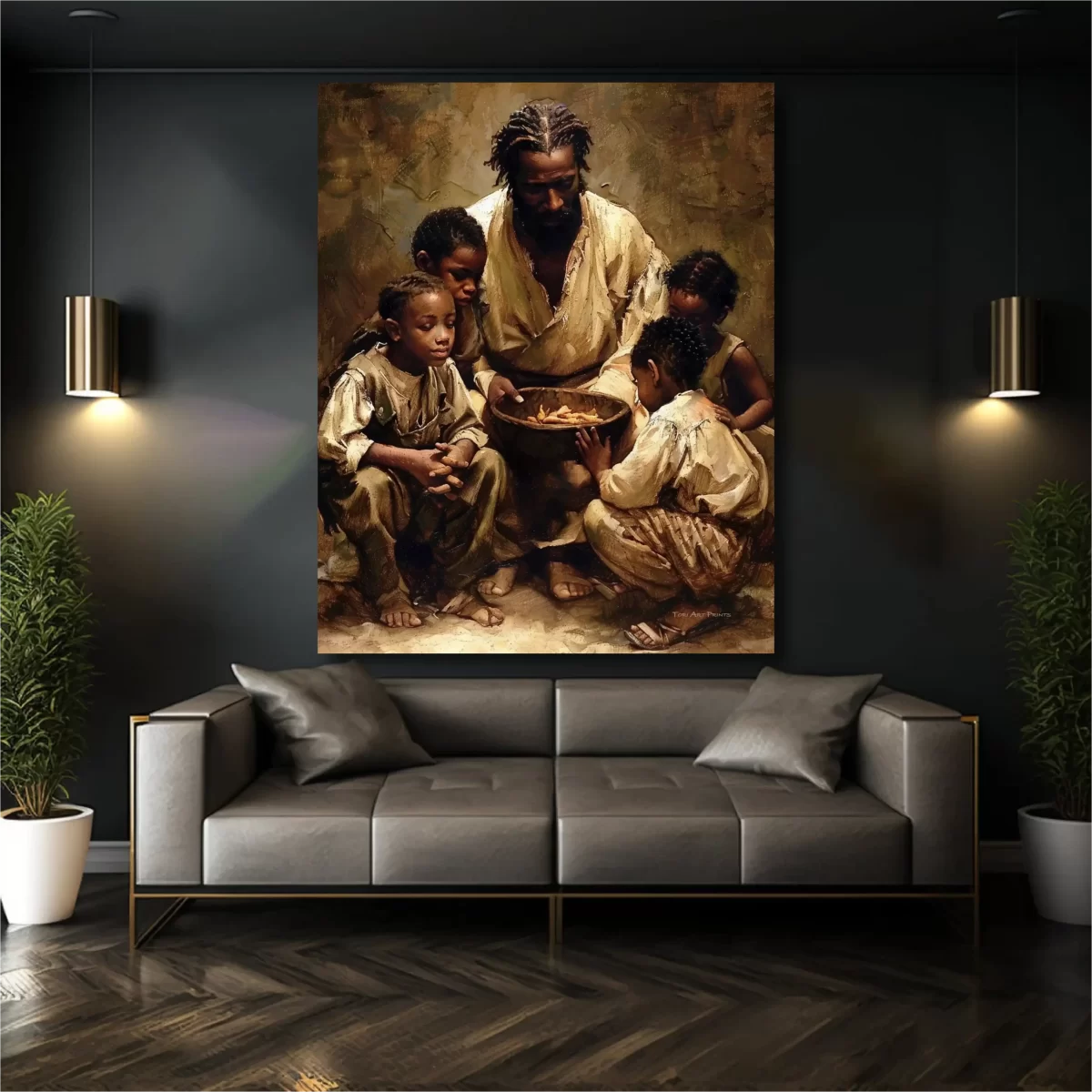 Black Artwork of Jesus feeding hungry children - dark gray wall mockup