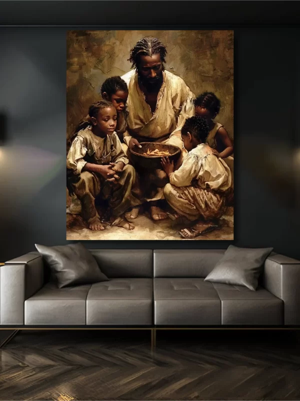 Black Artwork of Jesus feeding hungry children - dark gray wall mockup