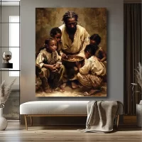 Black Artwork of Jesus feeding hungry children - light gray wall mockup