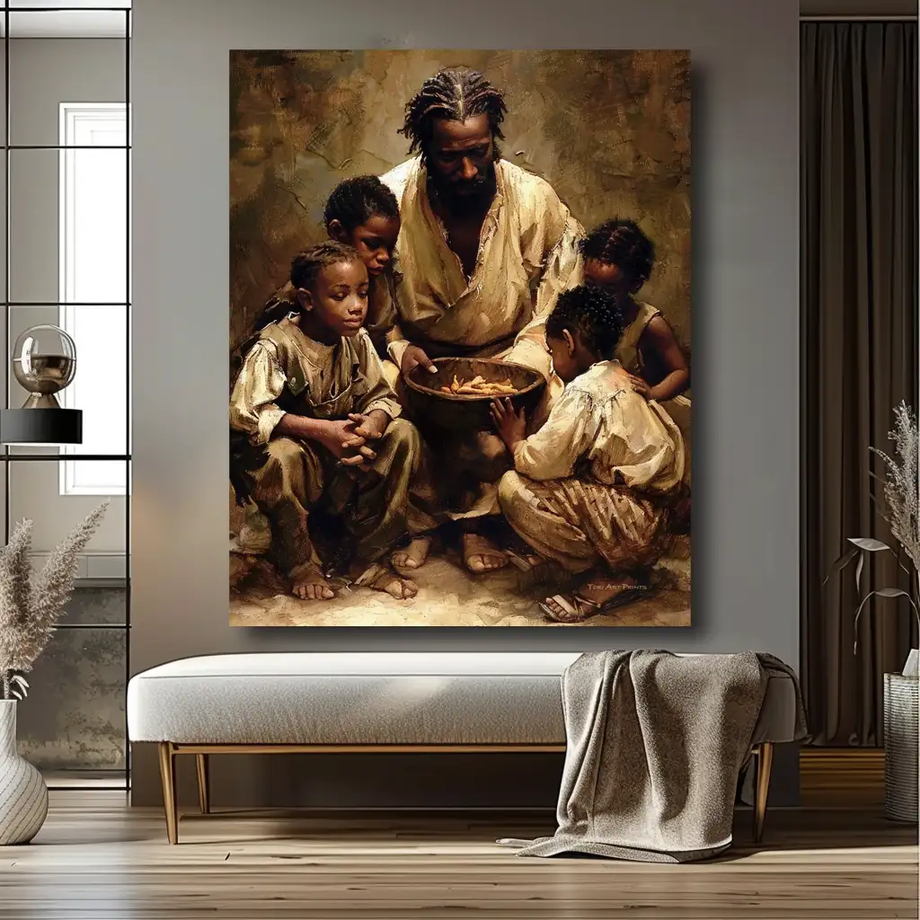 Black Artwork of Jesus feeding hungry children - light gray wall mockup