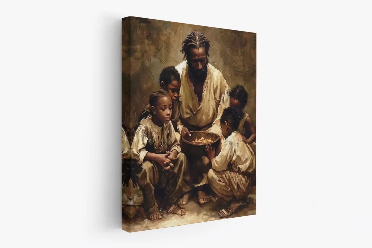 Black Artwork of Jesus feeding hungry children - mockup 2