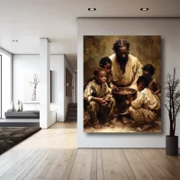 Black Artwork of Jesus feeding hungry children - tree mockup