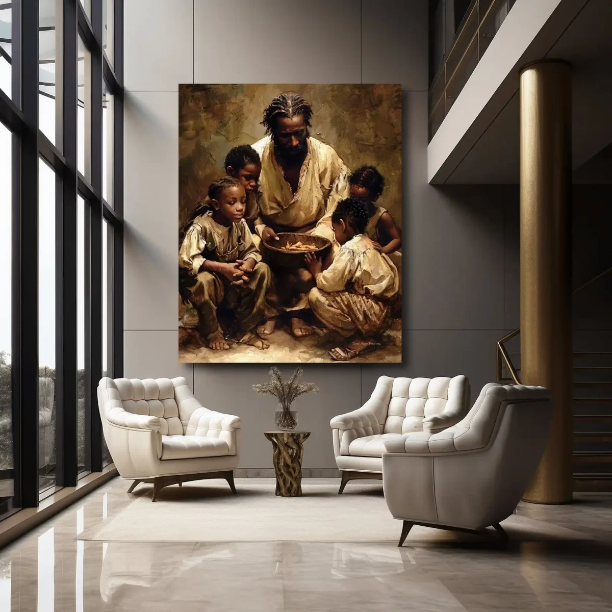 Black Artwork of Jesus feeding hungry children - white chair mockup