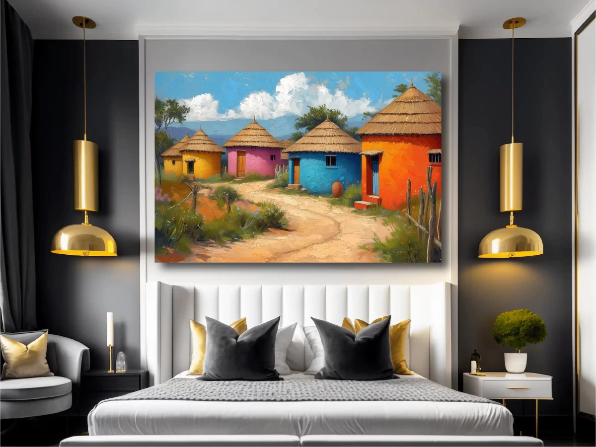 Black Artwork of colorful African huts - bedroom mockup