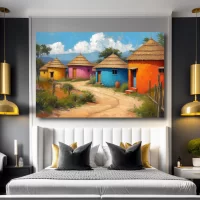 Black Artwork of colorful African huts - bedroom mockup