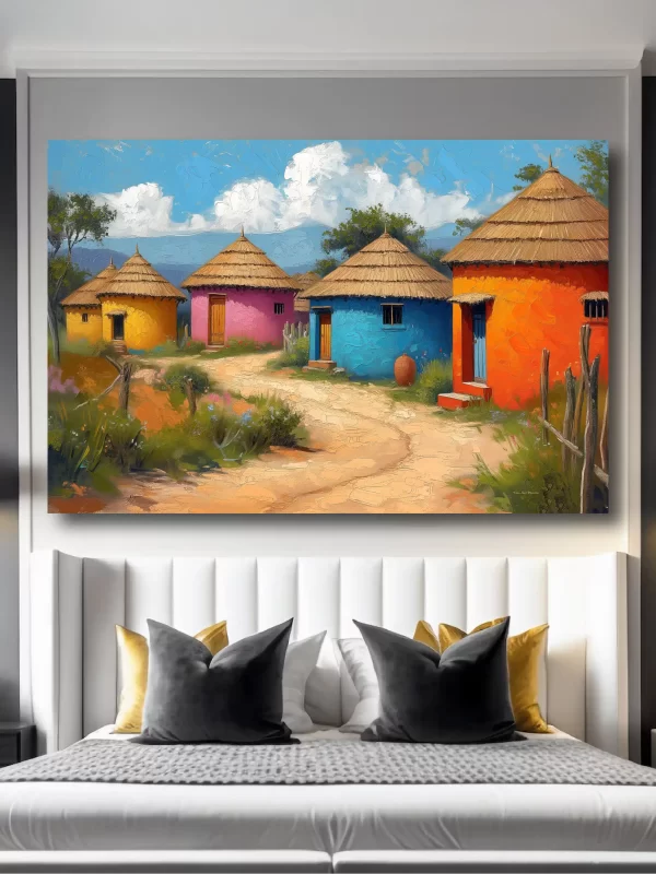 Black Artwork of colorful African huts - bedroom mockup