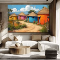 Black Artwork of colorful African huts - beige wall mockup