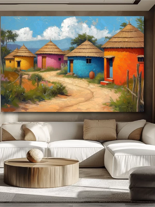 Black Artwork of colorful African huts - beige wall mockup